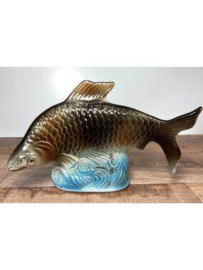 Vintage Ceramic Fish Figurine With Ocean Wave Base Brown & Blue 9.5 Inches Long